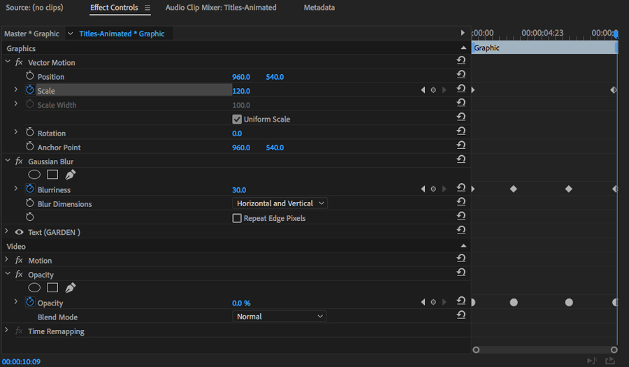 Keyframes for animating video titles in Premiere Pro