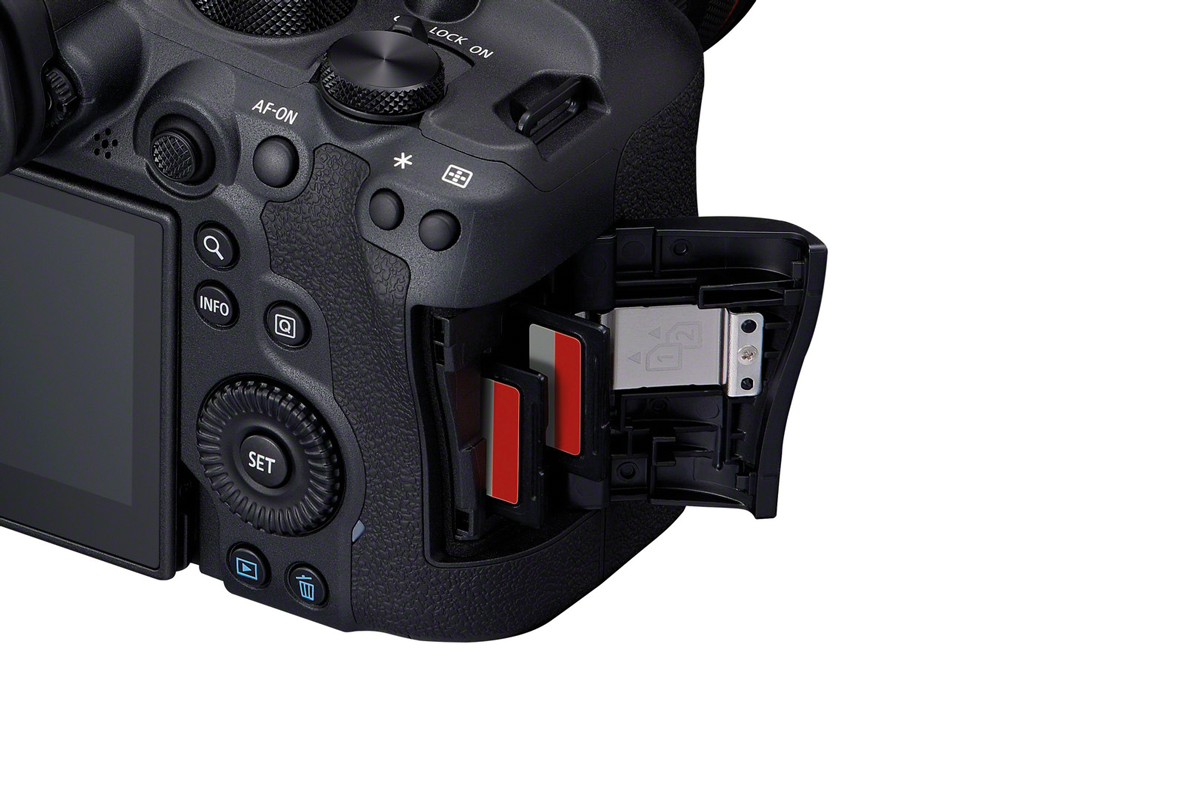 Canon R6 II: A pair of SD card slots can either be set to relay or backup-style recording; the media is cheap and available, too