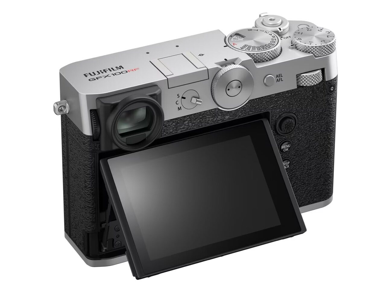 A Fujifilm GFX100RF camera with monitor folding out