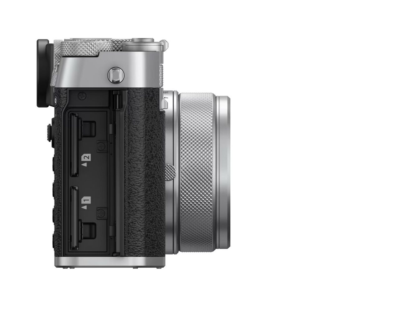 Side view of a Fujifilm GFX100RF camera facing to the right