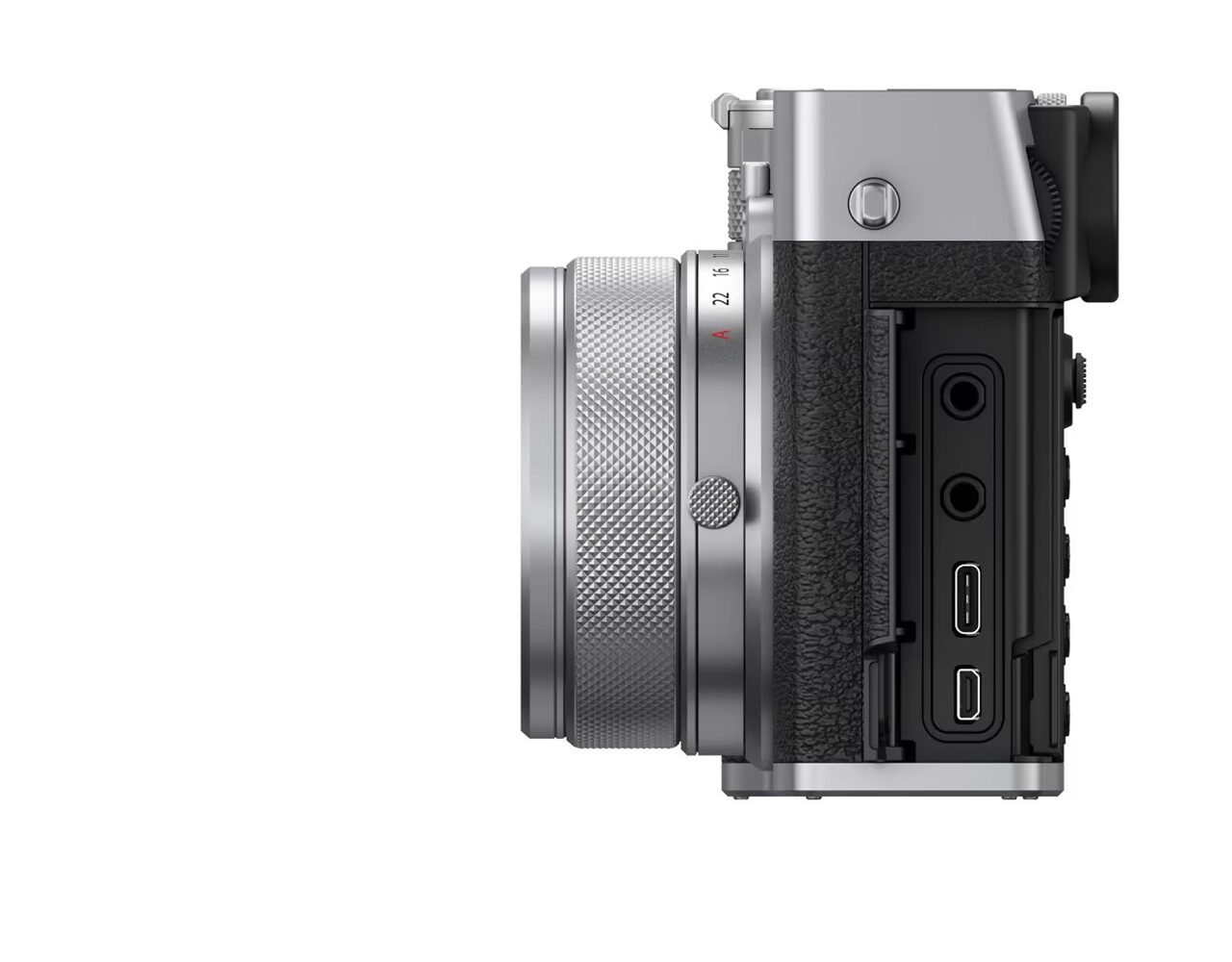 Side view of a Fujifilm GFX100RF facing to the left
