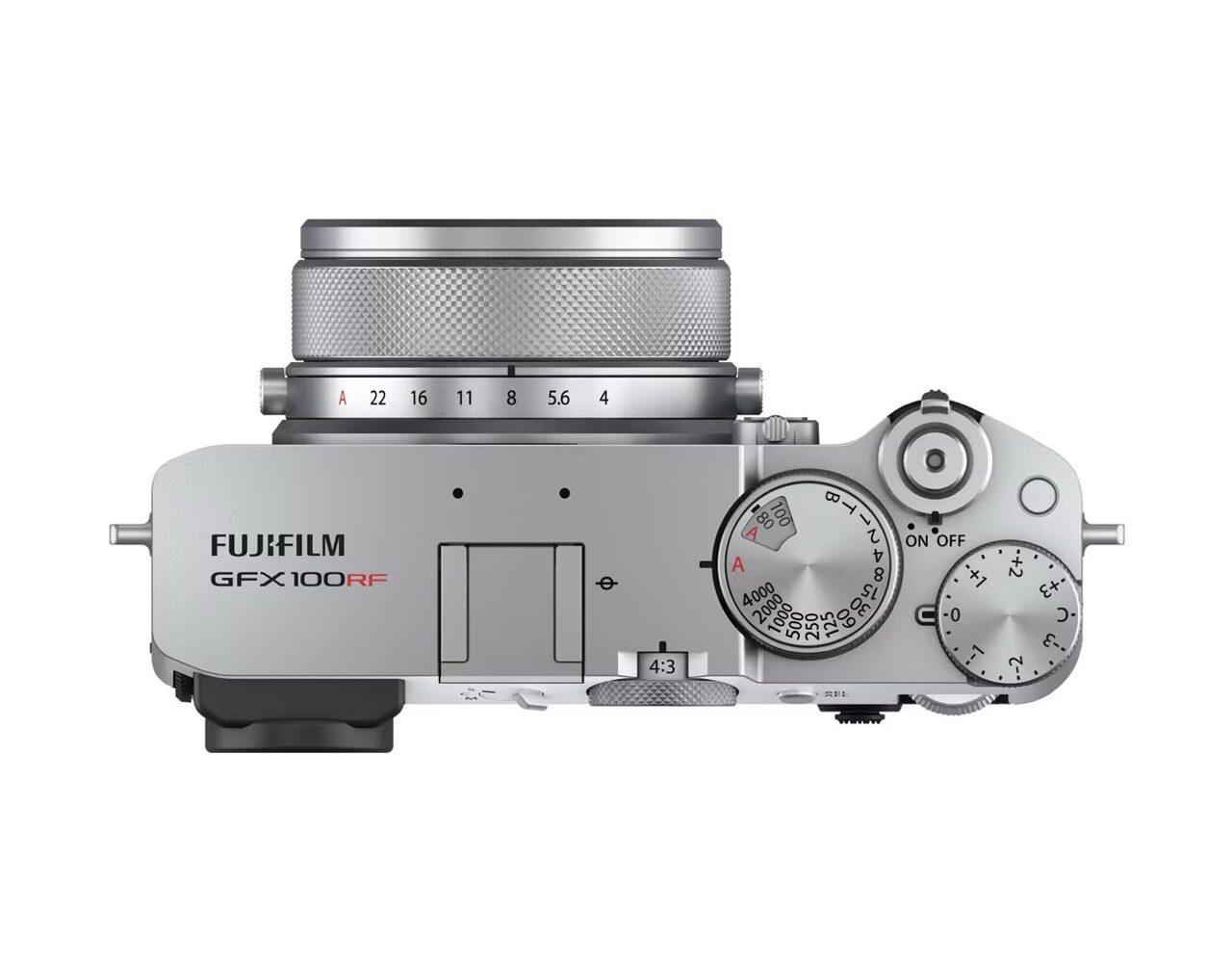 Top view of a silver Fujifilm GFX100RF camera