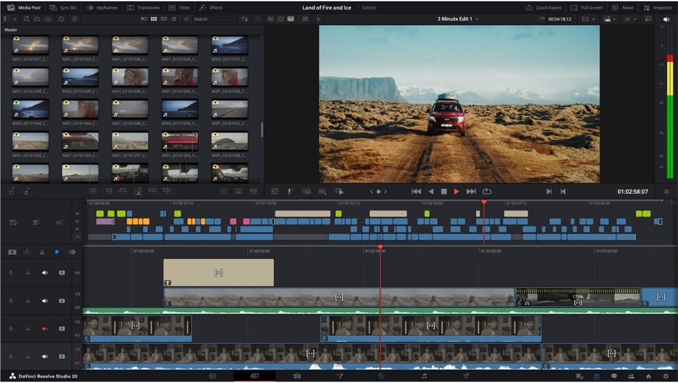 A screenshot of a video editing software with a car racing down a road