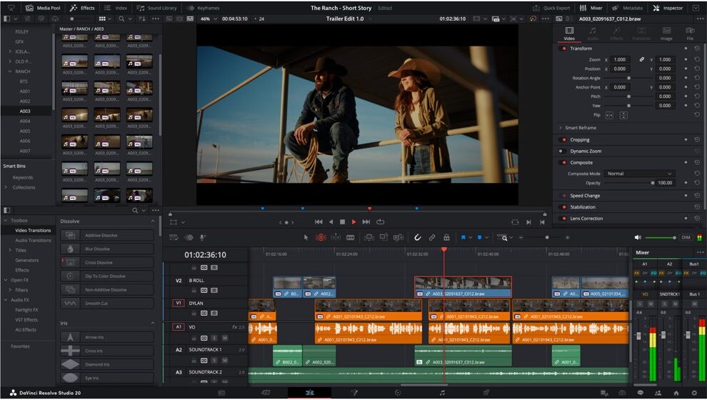 A screenshot of a video editing software with two people chatting on a wooden platform