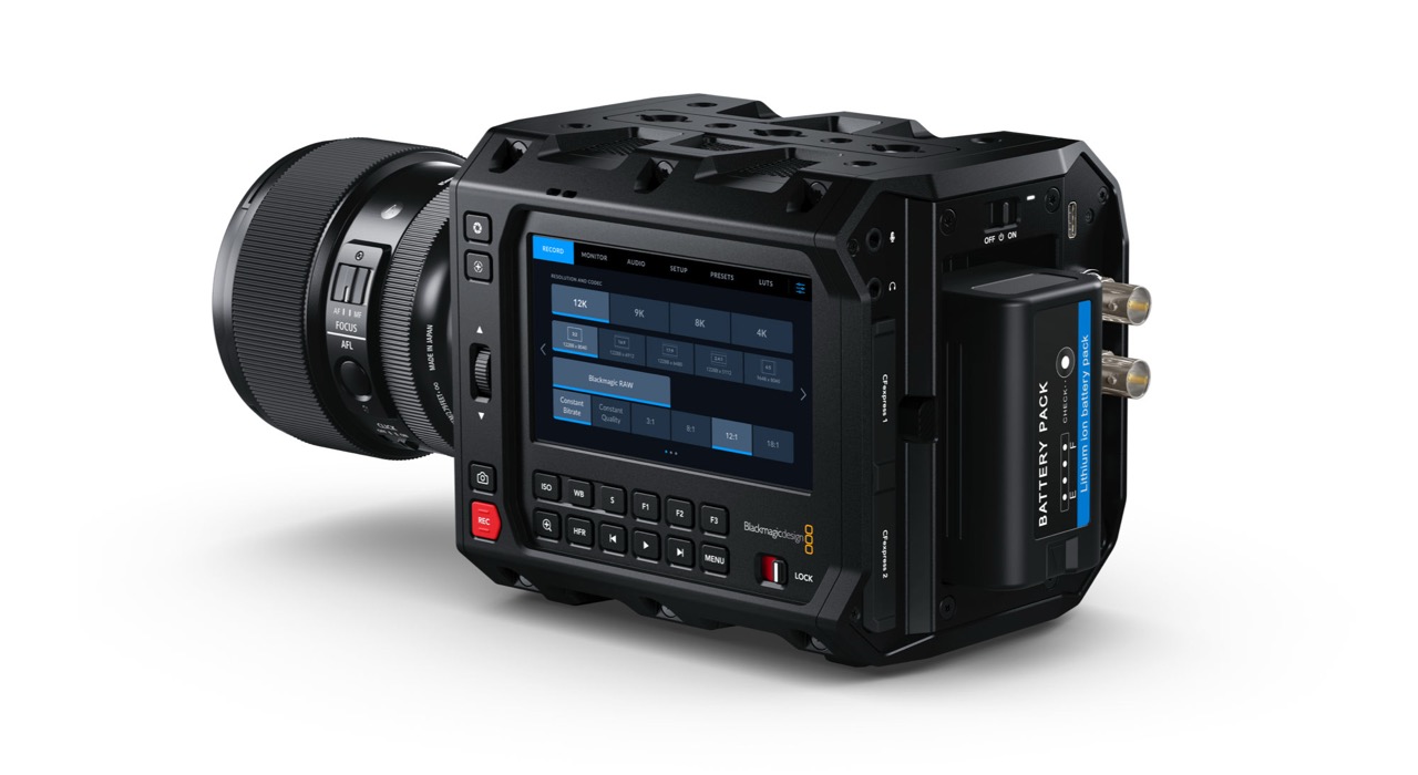 A black cinema camera facing away from the camera showing the back of the device