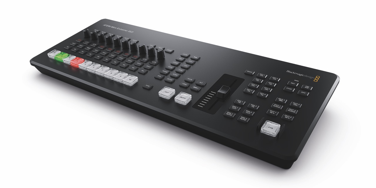 A mixing desk laying diagonally against a white background