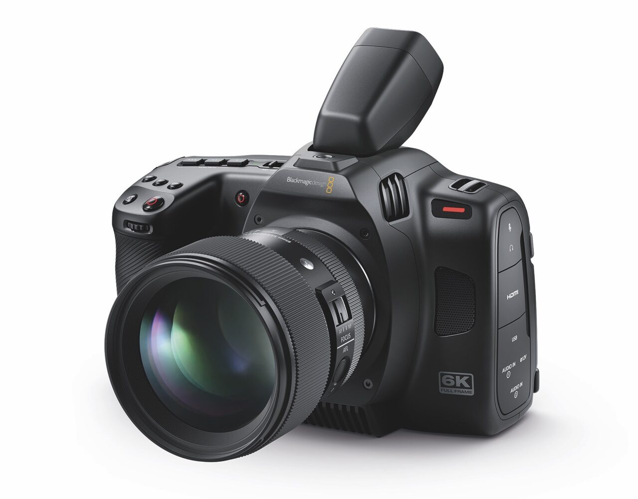 A black camera with an attached lens and a viewfinder poking from the top