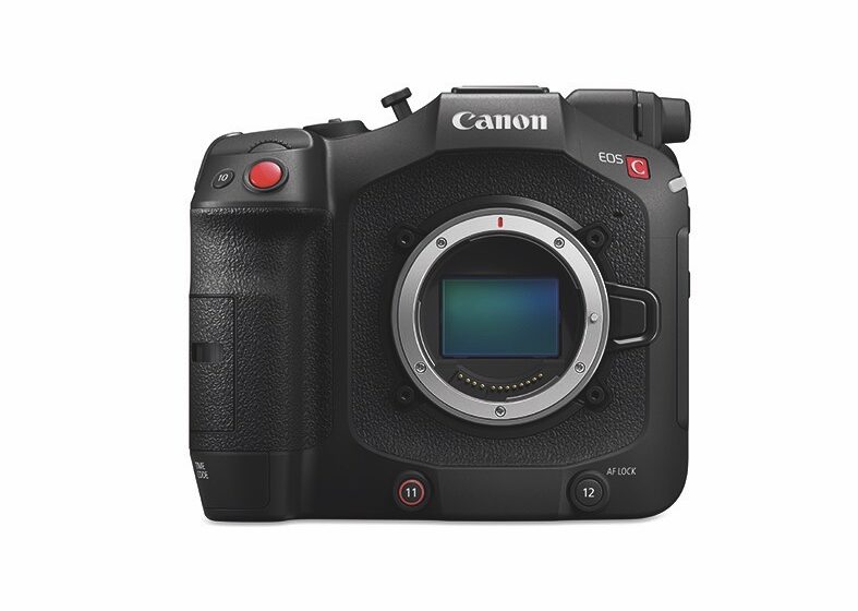 A rectangular Canon camera with a large red button on top