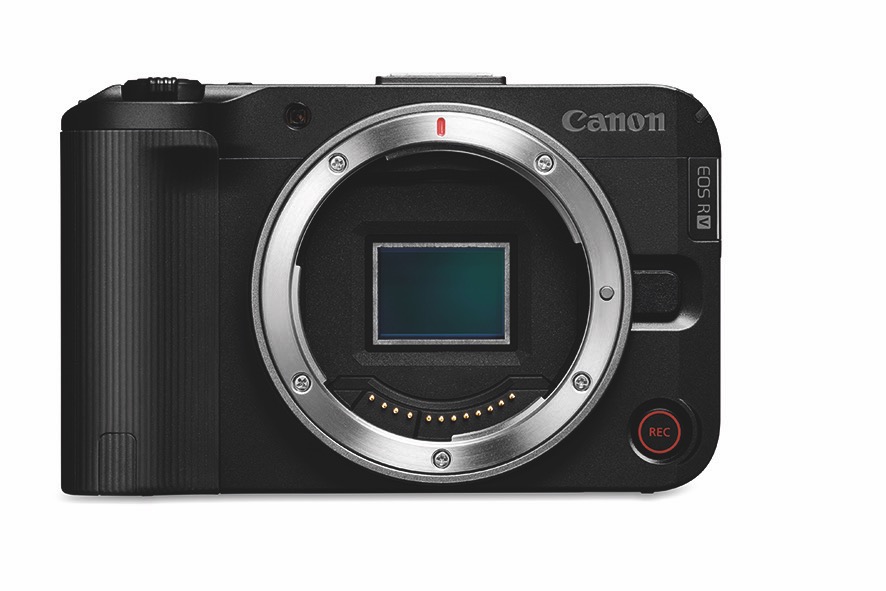 A black handheld camera with a silver lens and red button in the bottom-right corner