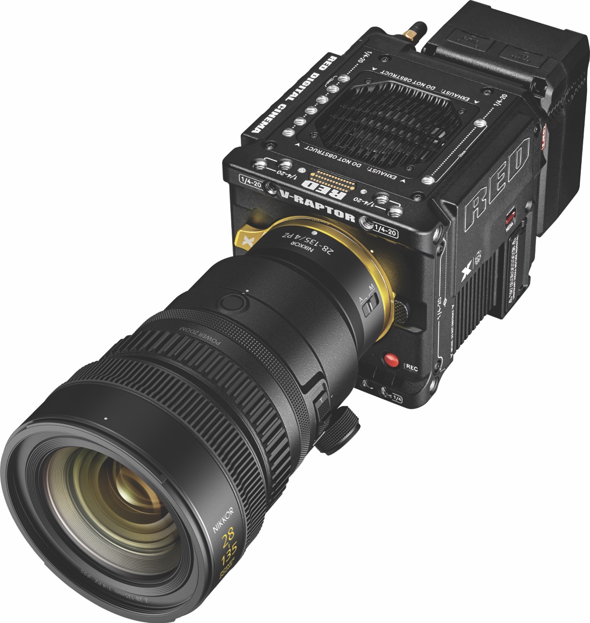 A large box camera with a large lens against a white background