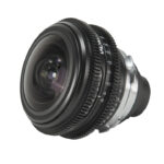 A short black and silver lens against a white background