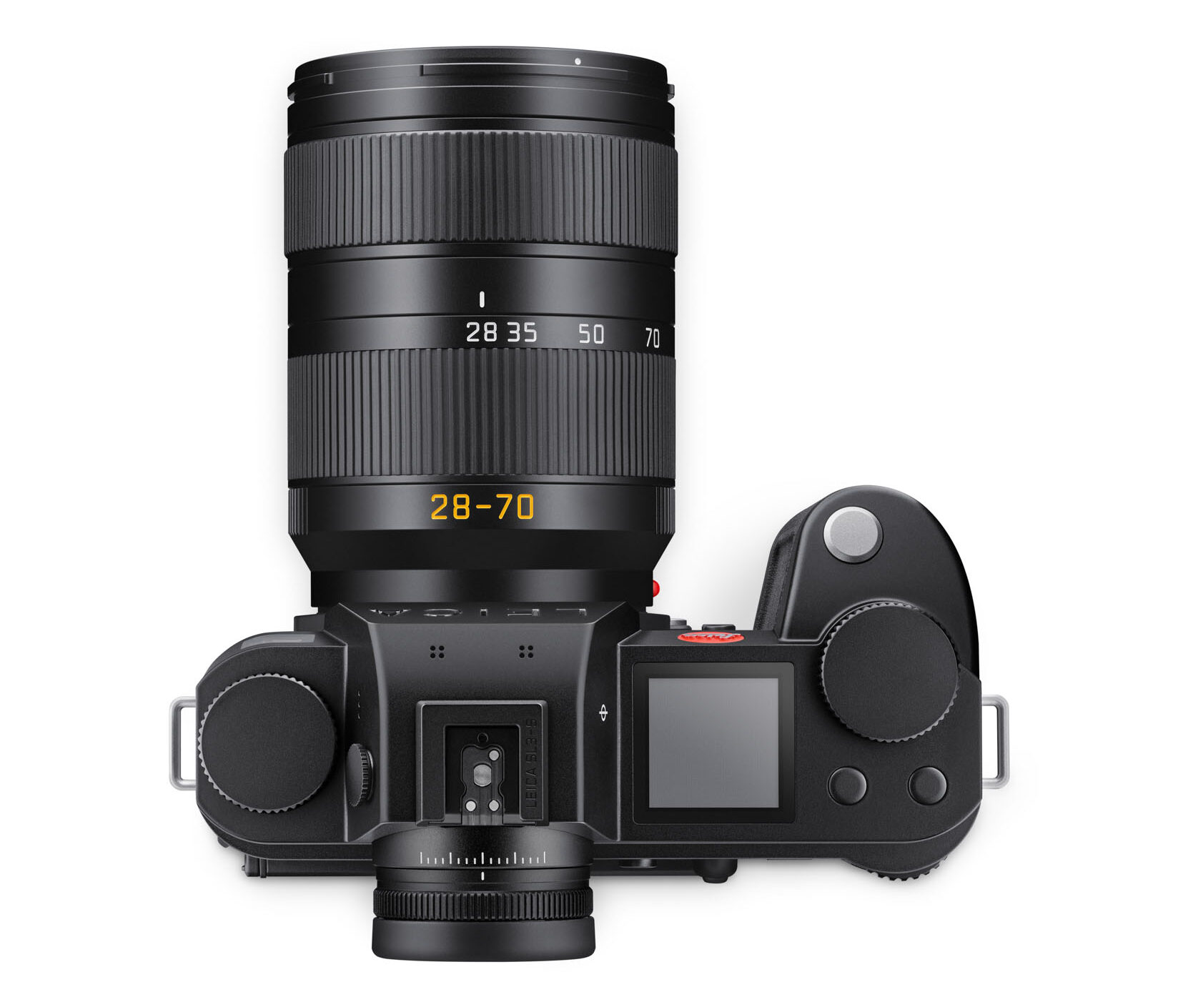 Top view of a black camera with a large lens attached