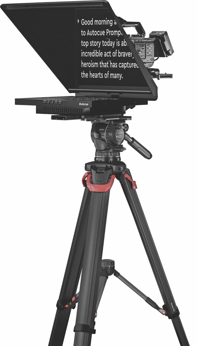 A teleprompter with a hooded monitor. Words appear on the screen