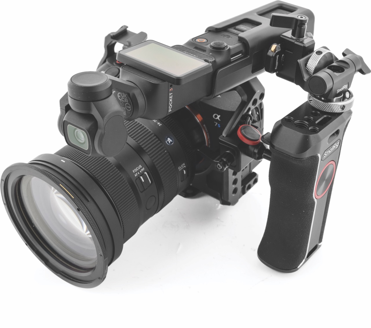 A camera connected to a rigging device against a white background
