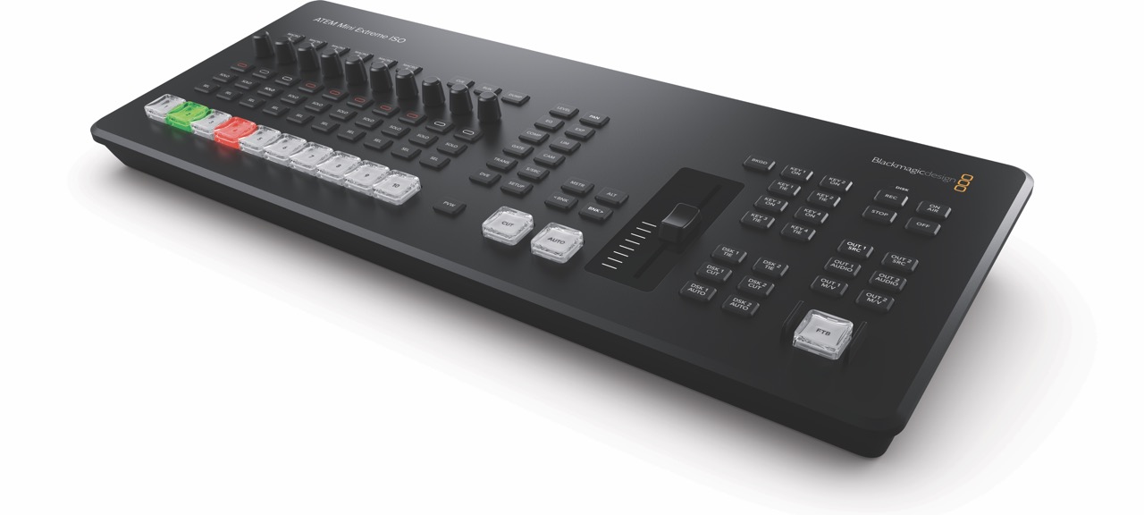 A long black mixing desk with rows of buttons and dials