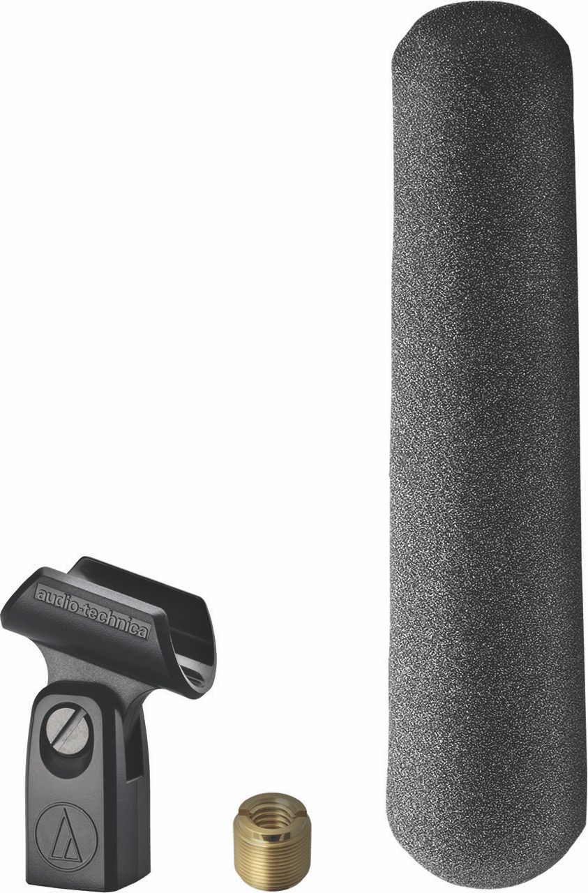 A microphone holder, gold bolt and long cylindrical microphone in a row against a white background