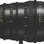 A long black lens with a red rim, against a white background