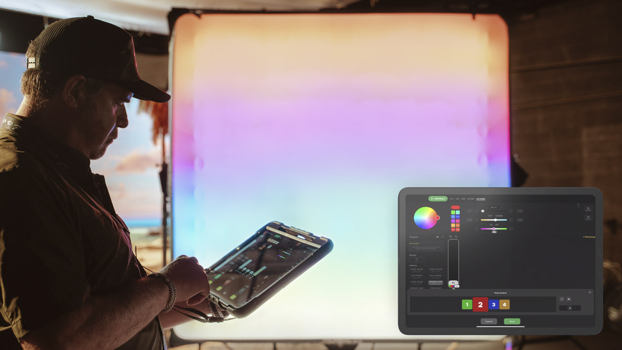 A person using a tablet against a pastel lighting device. A screenshot of the tablet screen is overlayed in the right bottom corner
