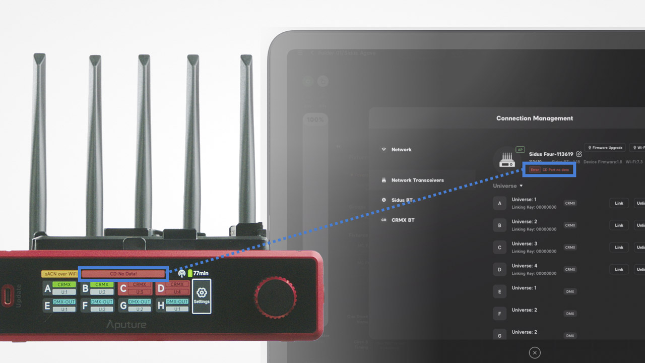 An informative picture showing a red and black device with five prongs on top connected to a square on a computer screen through a blue line