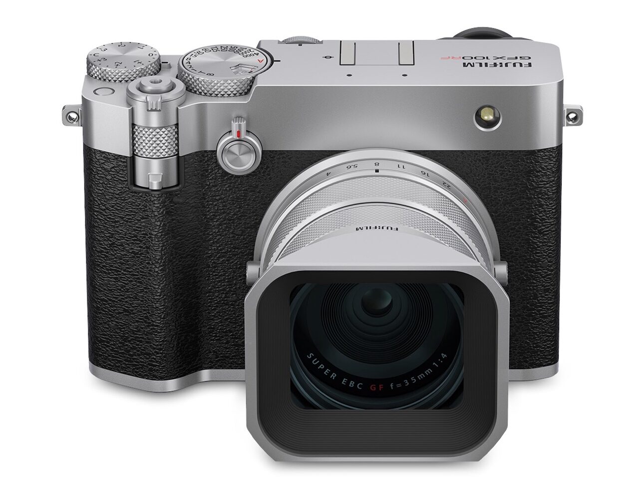 A square black and silver camera from Fujifilm with a square lens