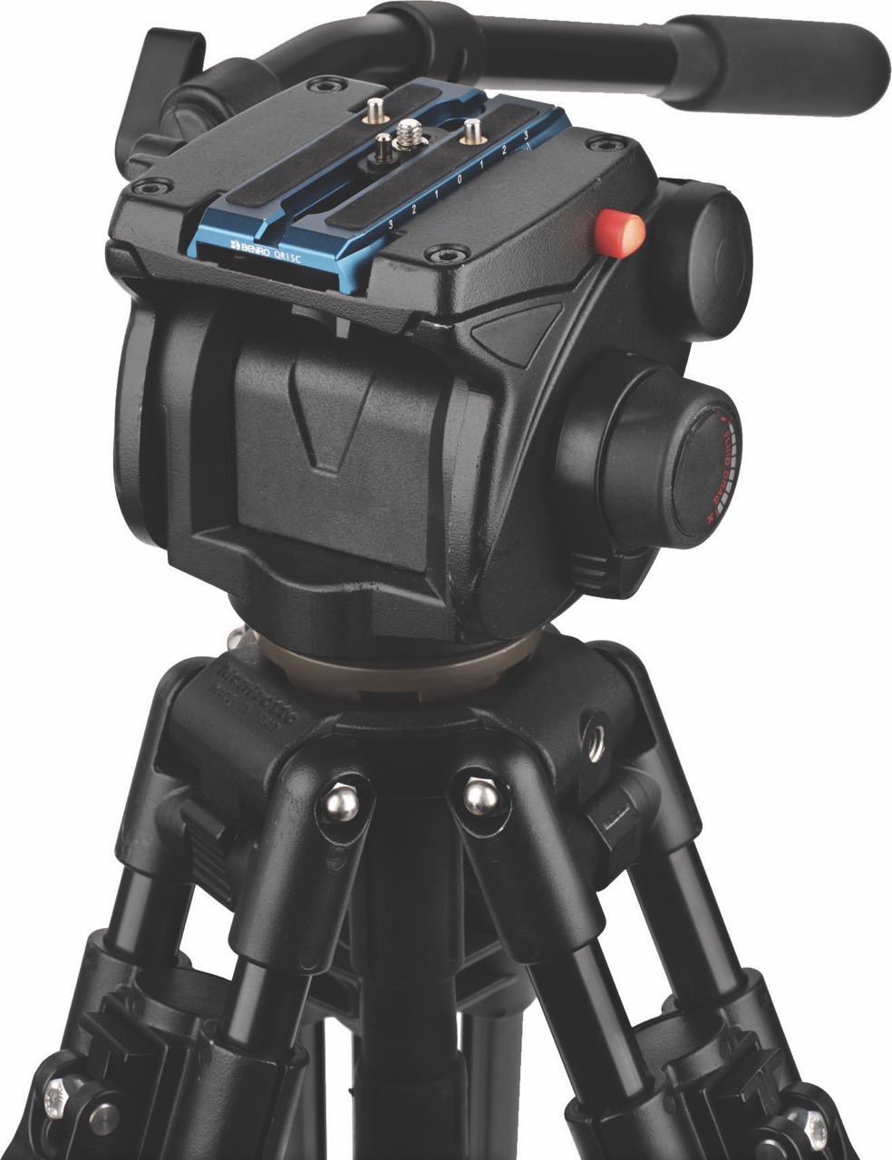 A close-up of a tripod mechanism made of blue and black metal, with a red button on the side
