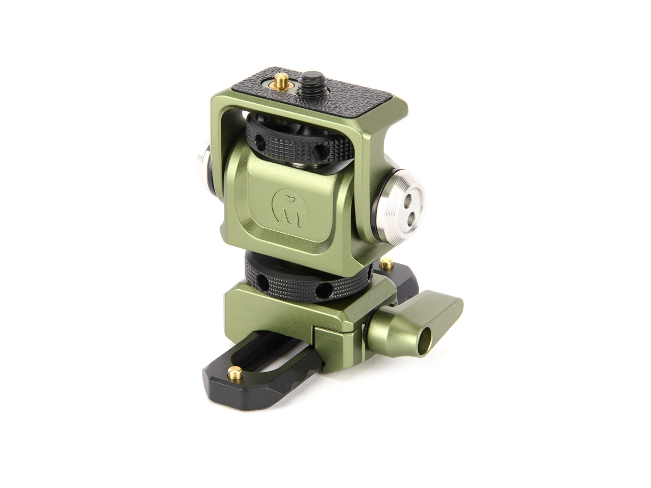 An olive green tripod device against a white background