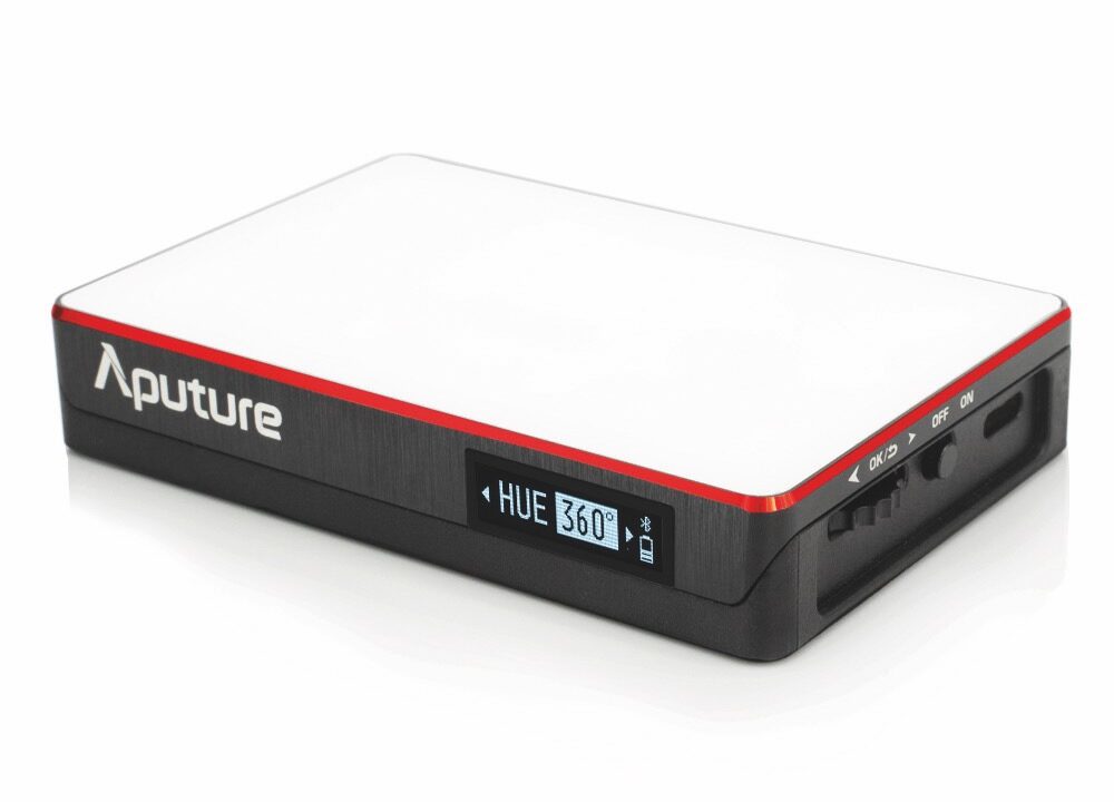 A black and white rectangle device from Aputure with a small digital display showing the hue
