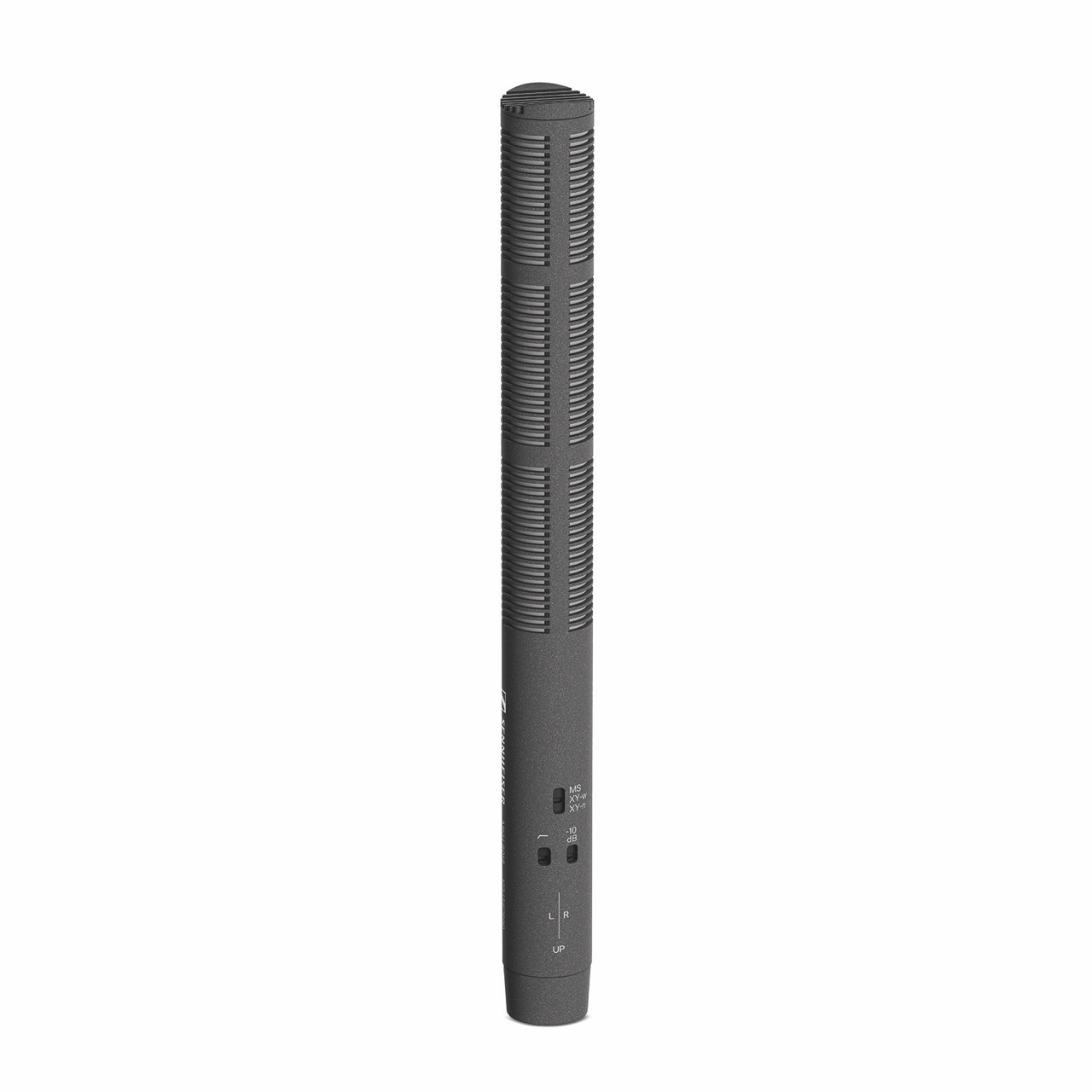 A long black narrow microphone against a white background