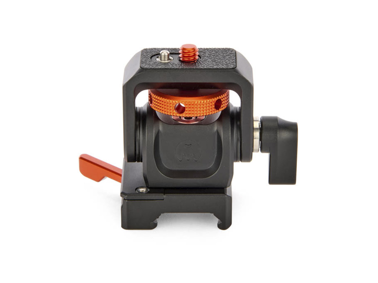 An orange and black tripod device with an orange lever at the back