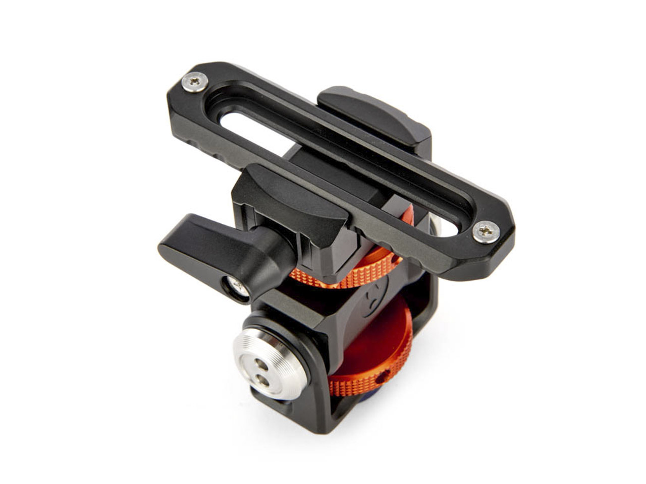 A top-view of an orange and black tripod device with an oval mount attached to the top