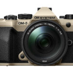 A gold and black camera against a white background