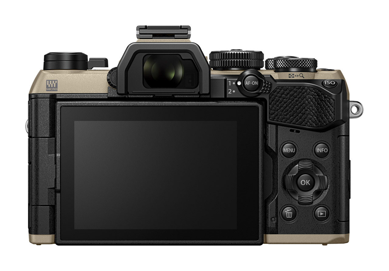 The screen display of a black and gold camera with a round dial for control