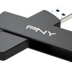 Two black USB sticks from PNY overlapping each other