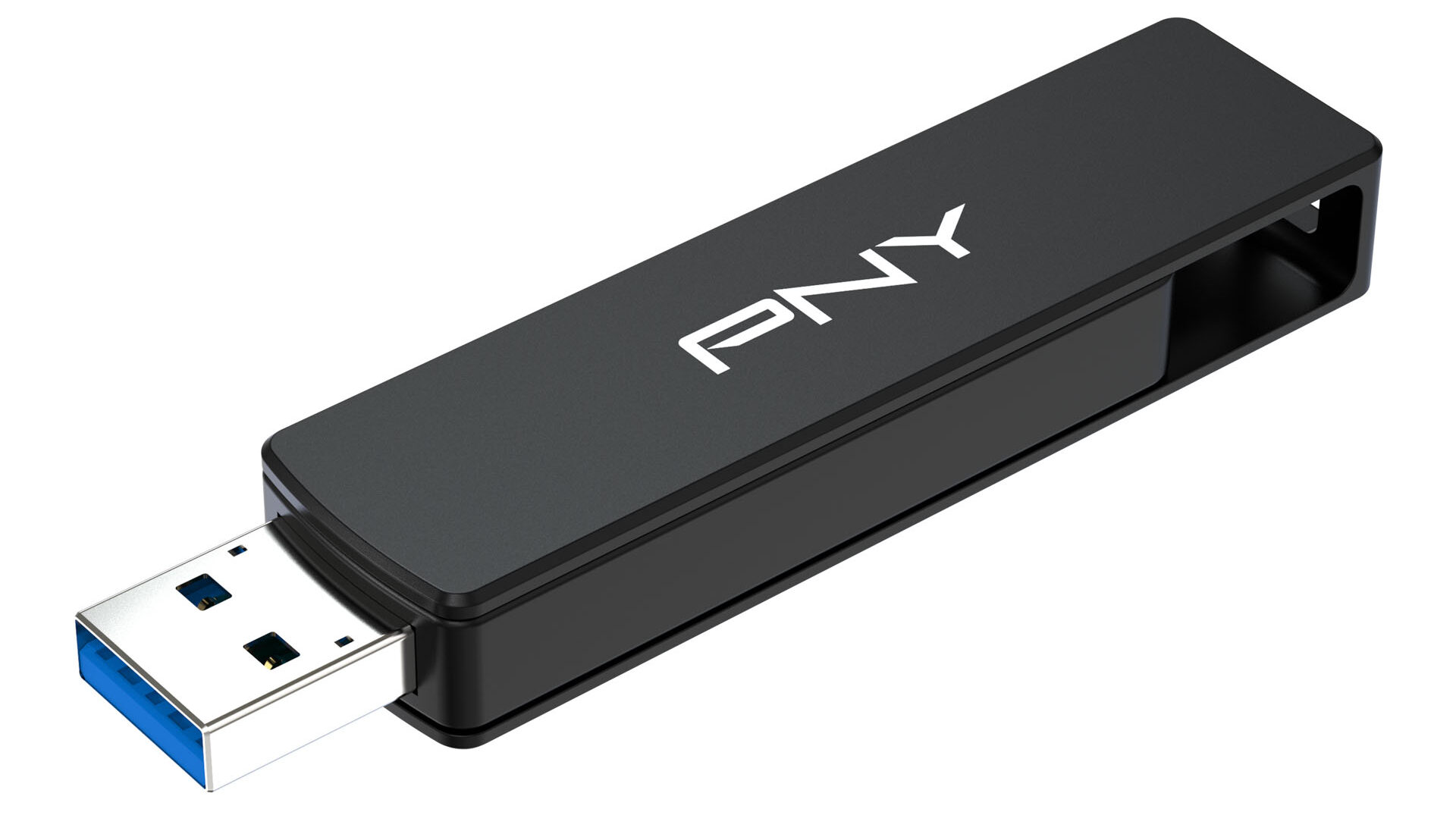 A black USB stick from PNY against a white background