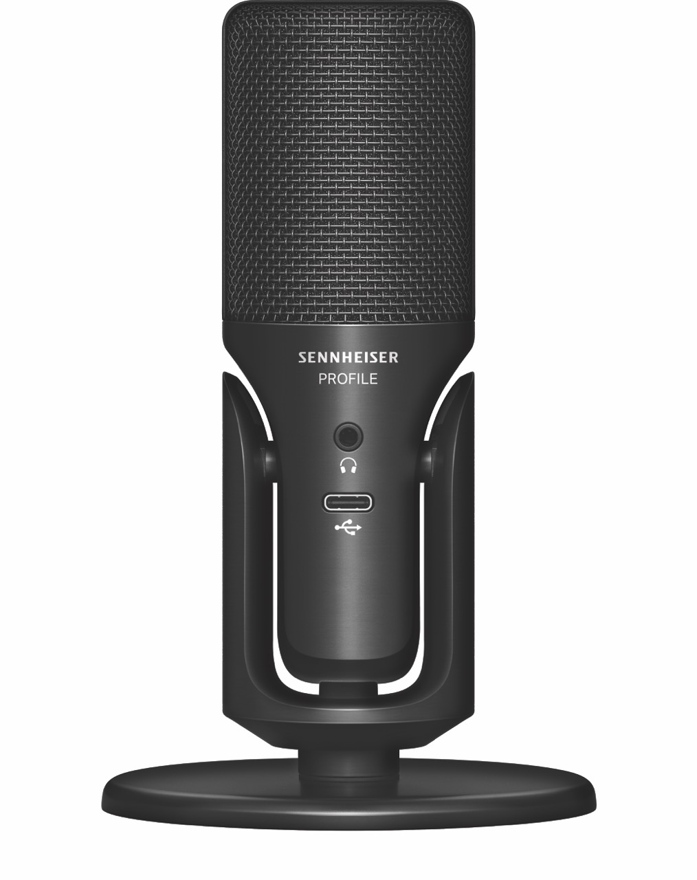 A black microphone with a round base standing vertically against a white background