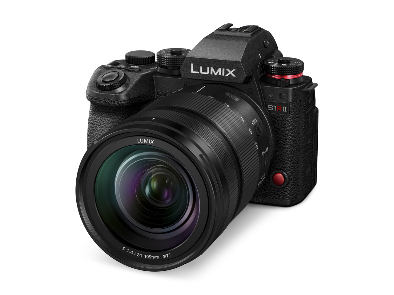 A black Lumix camera facing the diagonal with a large lens attached