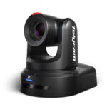 A black PTZ camera facing the diagonal against a white background