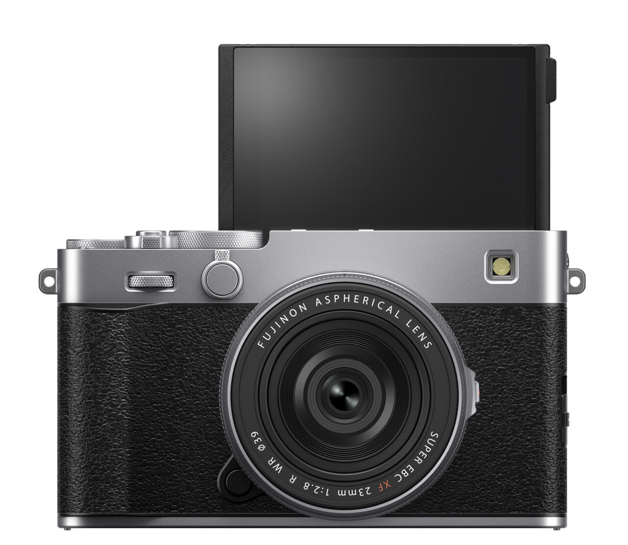 A black and silver camera from Fujifilm with a black rectangle behind
