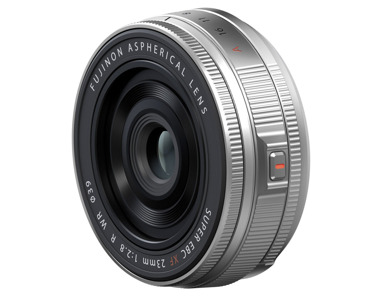 A spherical black camera lens with a silver rime. It stands vertically against a white background