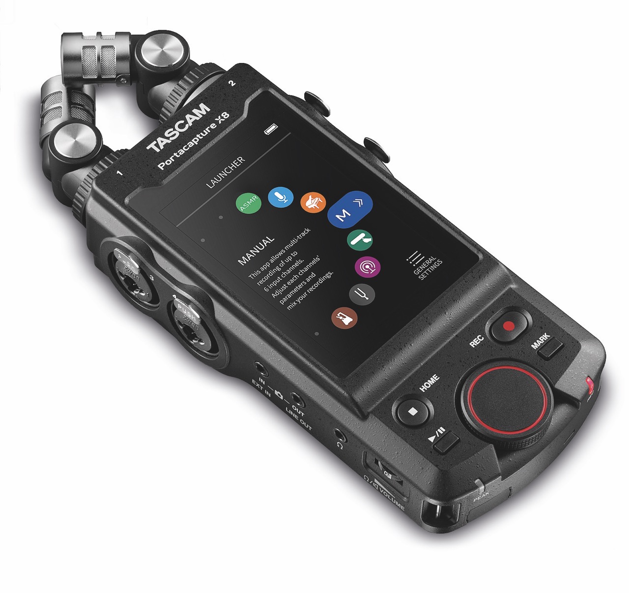 A rectangle microphone with dials at the bottom and a large display