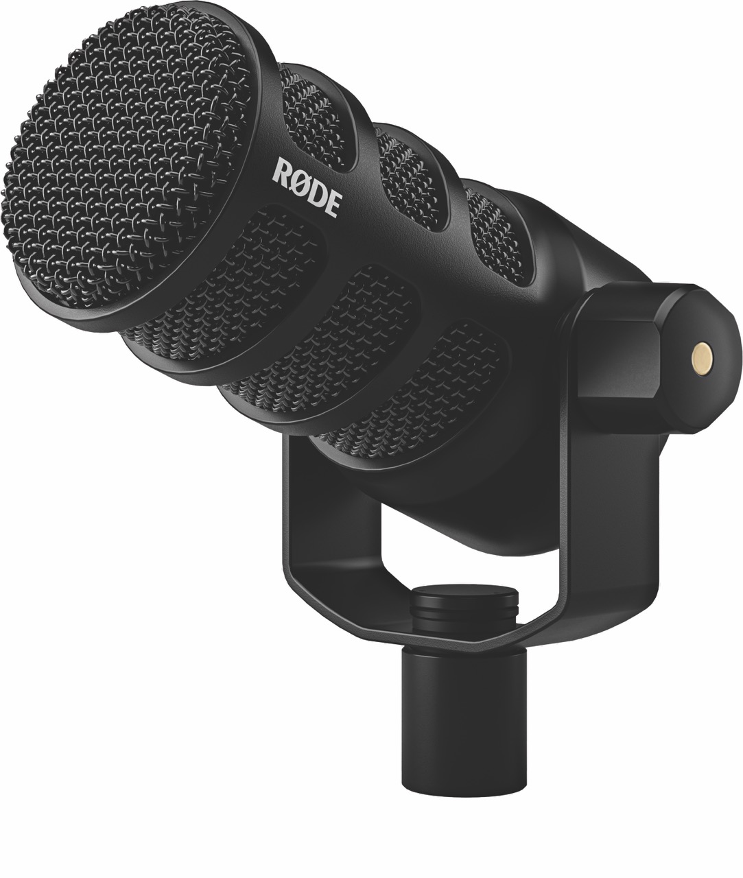 A black microphone on a stand, slanted at a diagonal