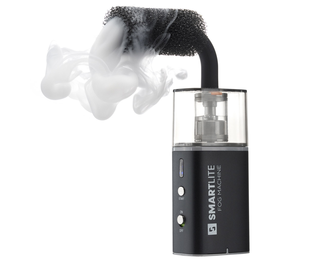 A small black fog machine with a clear top from Kenro. Smoke is produced from the brush at the top