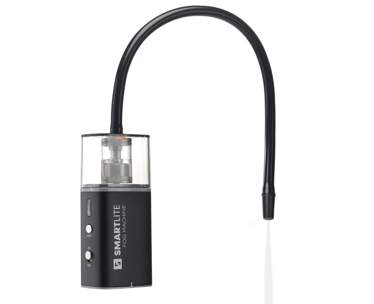 A small black fog machine from Kenro with a tube extending from the clear top, against a white background