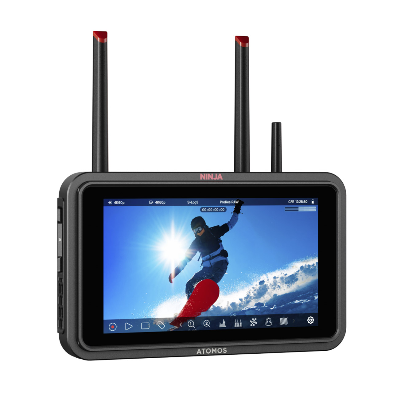 An Atomos Ninja TX monitor showing a person snowboarding