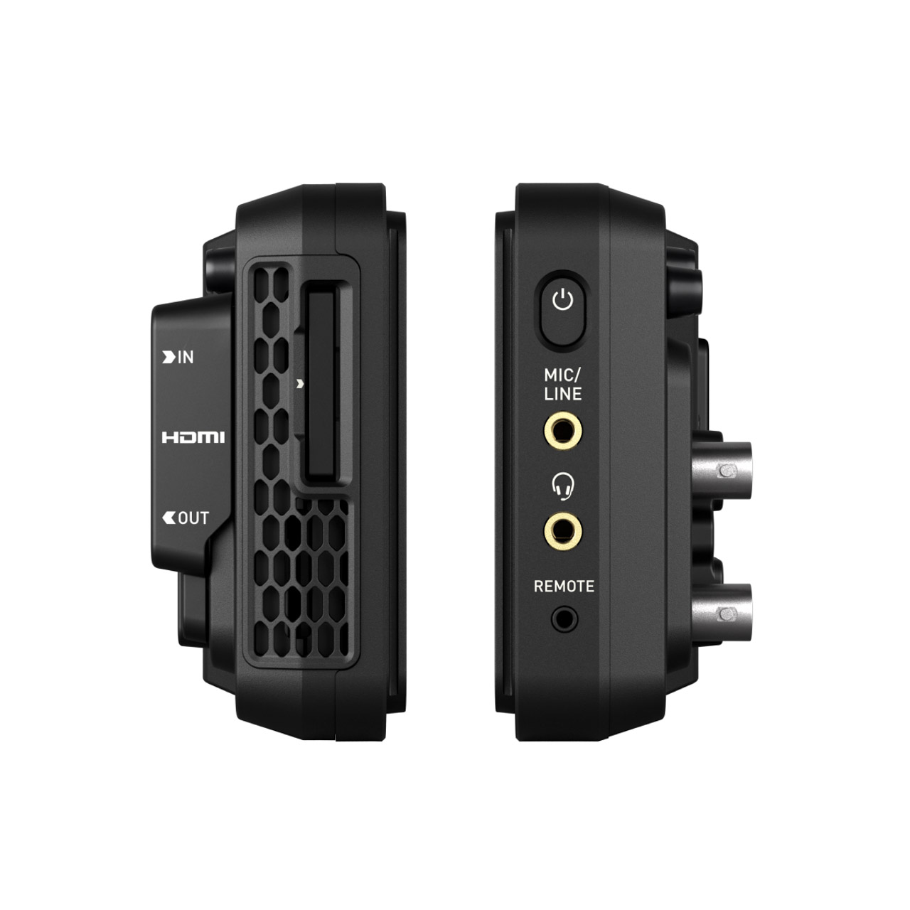The sides of two Atomos Ninja TX monitors facing each other, against a white background