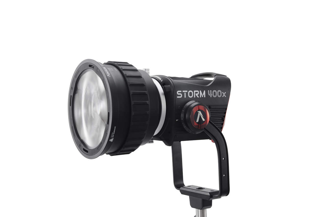Aputure's Storm 400X on a mount, against a white background
