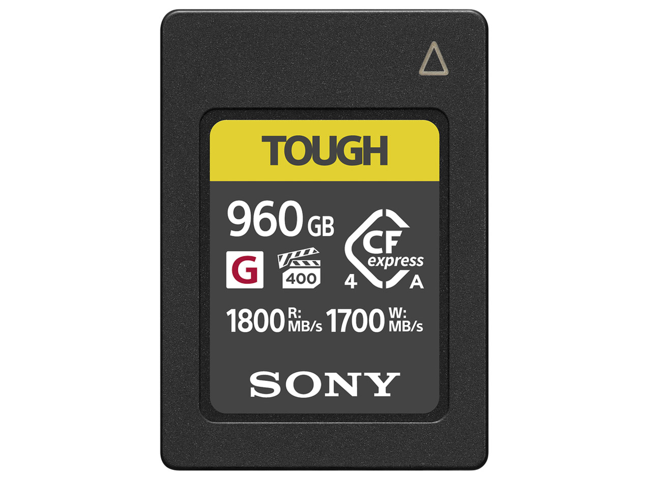A small black and yellow rectangular Sony Type A card holding 960 GB