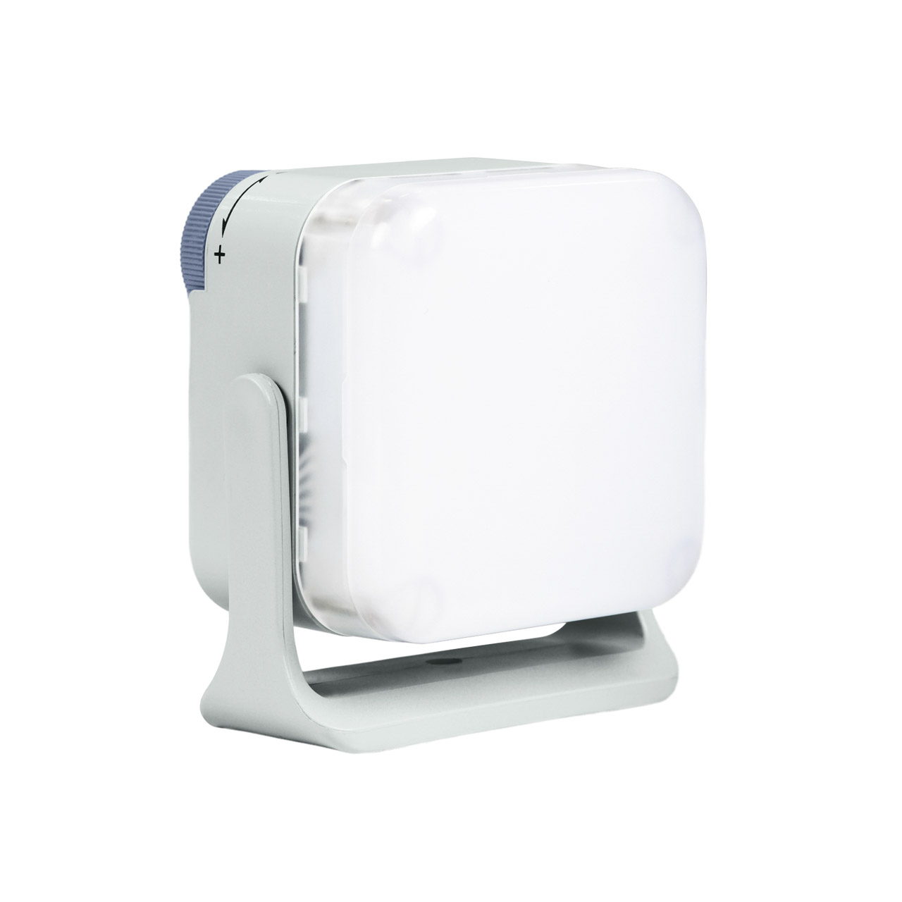 A square LED light with a white exterior. The light remains off