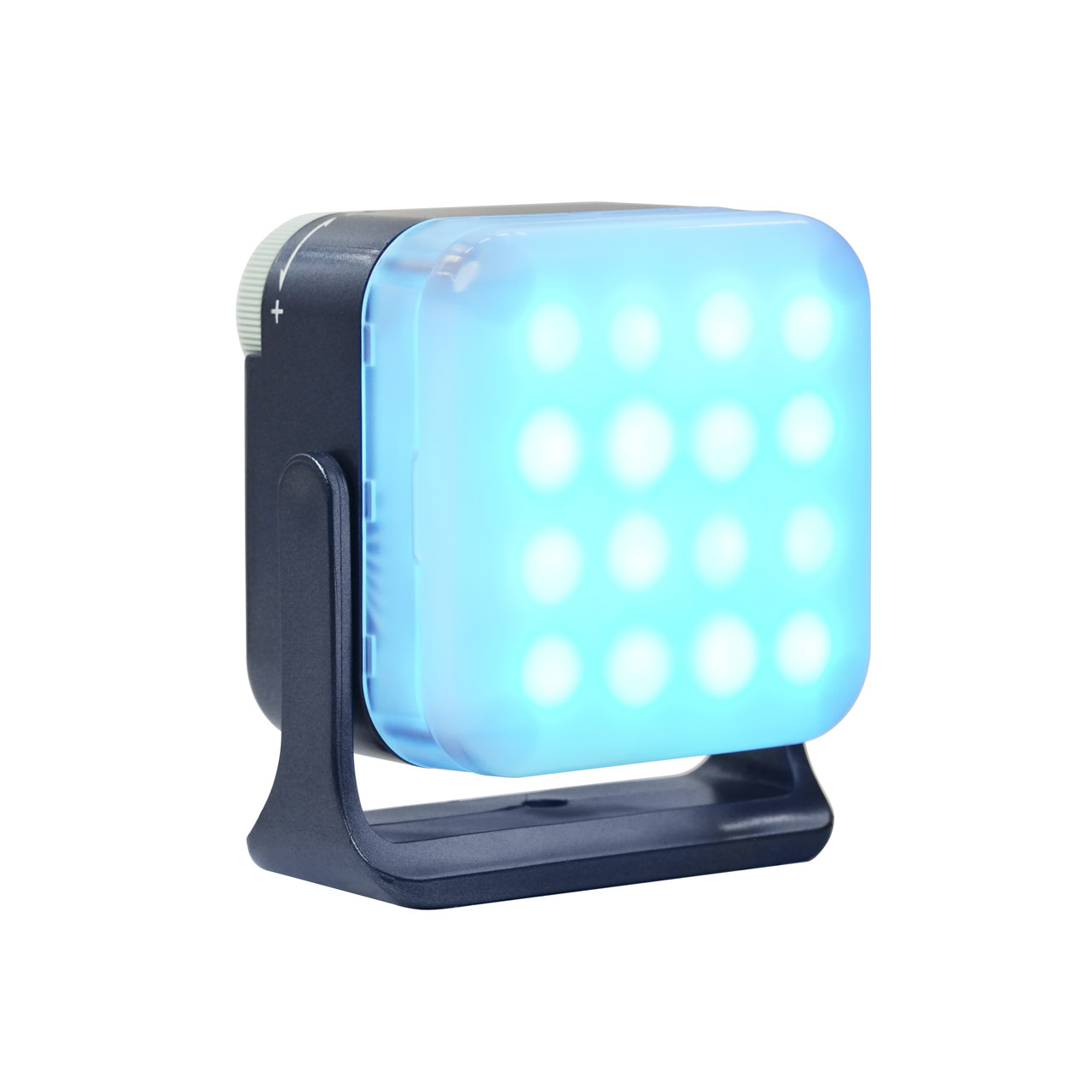 A square LED with a black frame and stand, and blue light