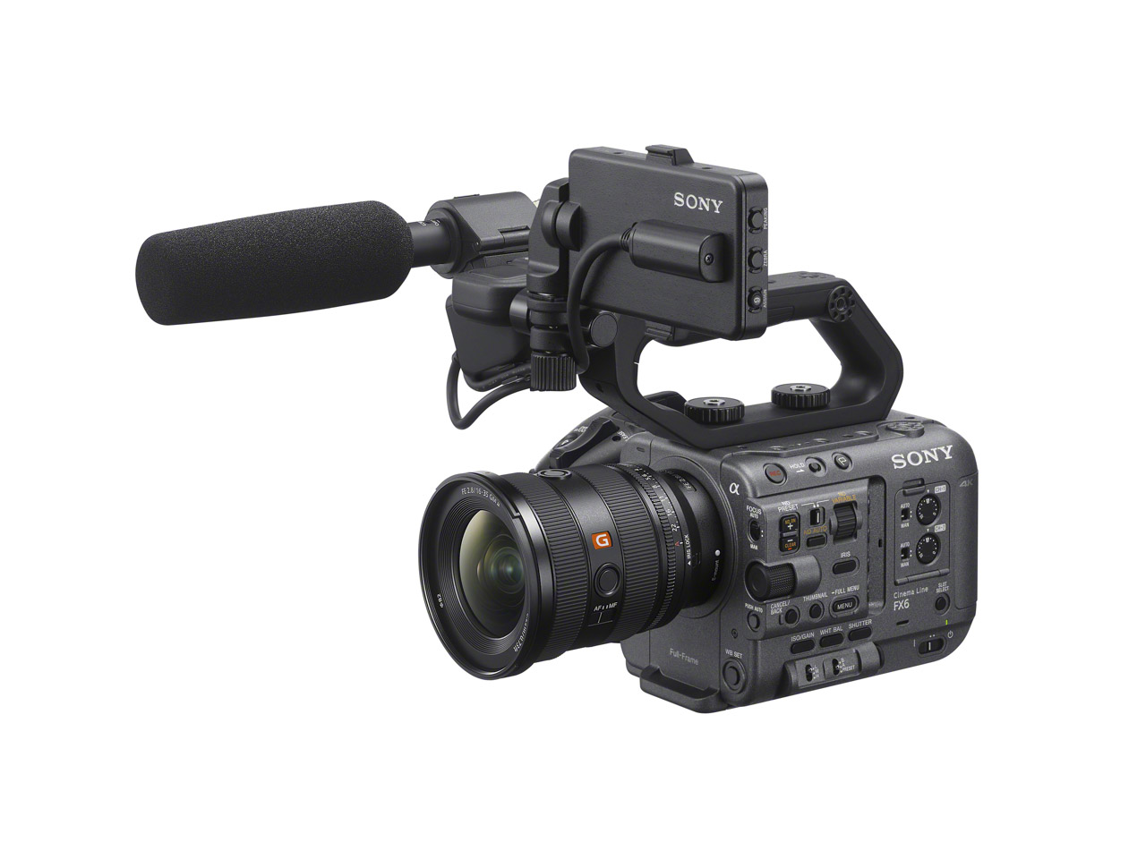 A monitor and microphone attached to the top of a professional camera, against a white background